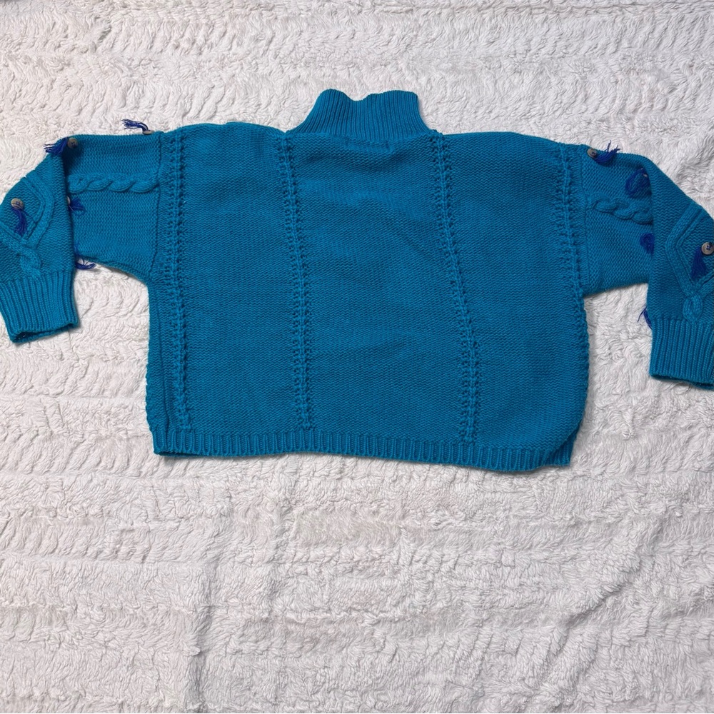 Vintage 90s I Magnolia teal Blue Cable Knit Button Tassel Sweater M Cropped - Picture 2 of 6